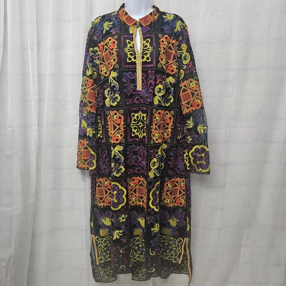 Rara Avis by Iris Apfel Kaftan Dress Maxi Embroidered Mesh Artsy Black Orange 1X - Picture 1 of 15